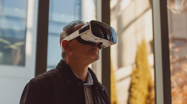 Foto uomo anziano che indossa cuffie vr occhiali di realtà virtuale utilizzati per la salute mentale terapeutica
