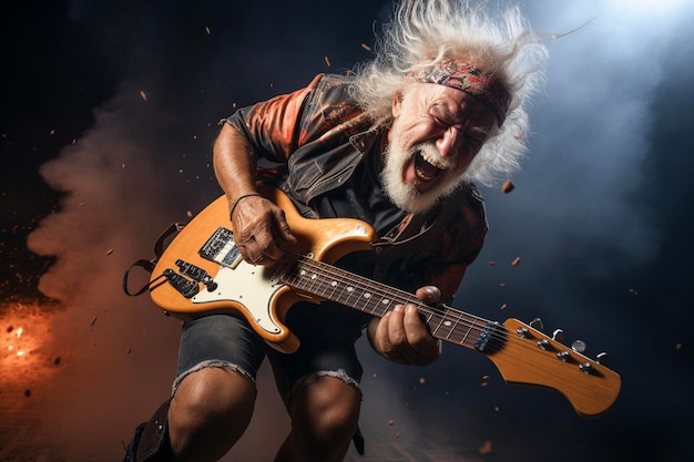 Photo senior man wearing painted jacket playing electric guitar shouting with anger generative ai