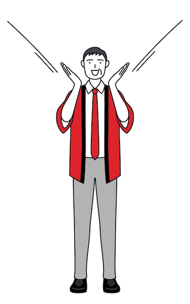 赤いハッピーコートを着た年配の男性が口に手をかぶって叫んでいます