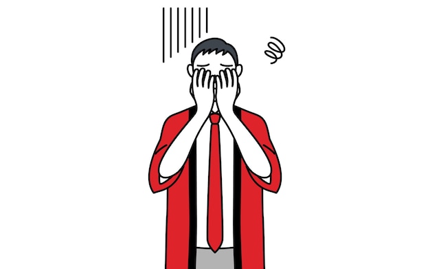 Senior man wearing a red happi coat covering his face in depression