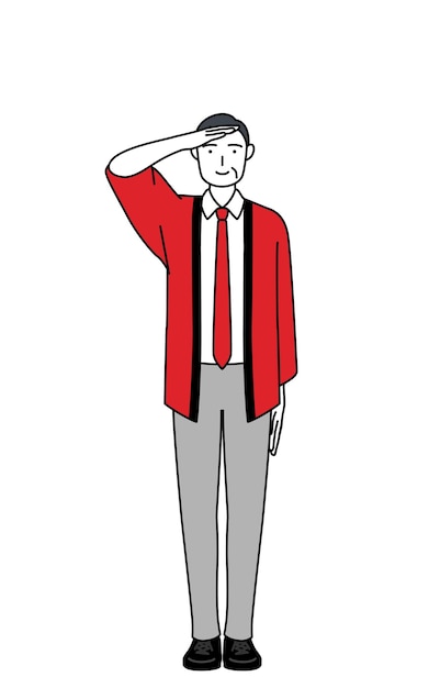 senior man wearing a red happi coat making a salute