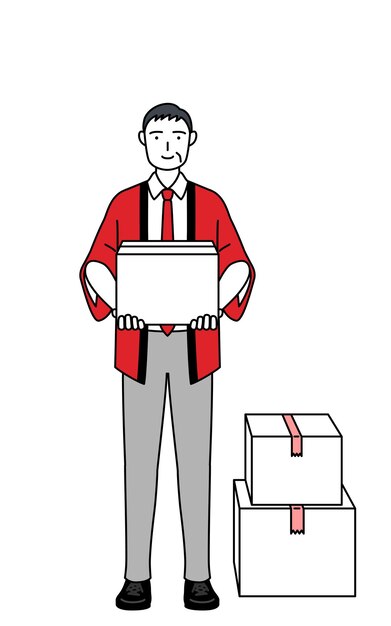 Photo senior man wearing a red happi coat working to carry cardboard boxes