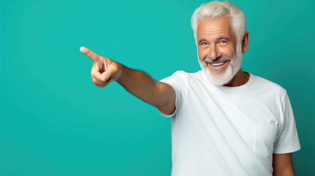 Senior man wearing white Tshirt pointing with hand and finger to the side looking at the camera