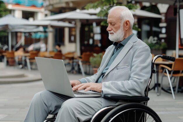 Photo senior man in a wheelchair shopping online on laptop elderly man using digital technologies workin