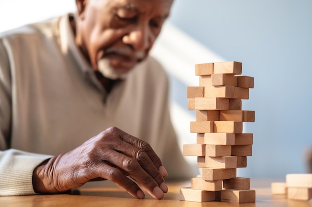 Фото Пожилой мужчина с деменцией играет с деревянными блоками в клинике для пожилых людей или доме престарелых