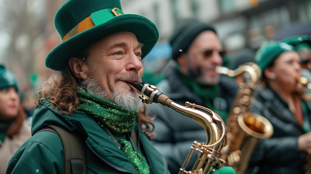 Старший мужчина с красной бородой на параде Дня Святого Патрика, одетый в леприкона с зеленым топом