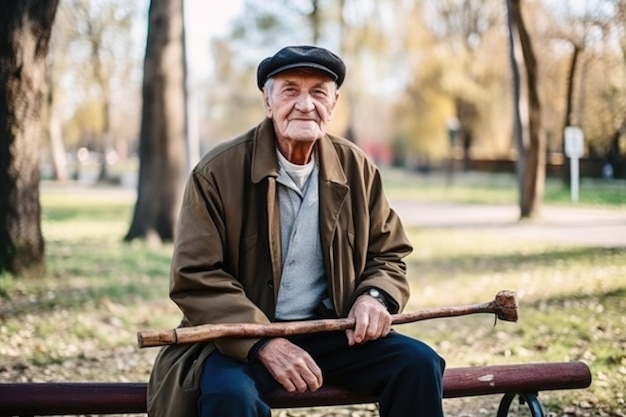 生成AIで作成された公園を歩き、ベンチに座る杖を持った年配の男性