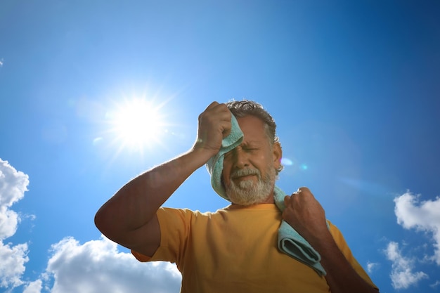 Foto uomo anziano con asciugamano che soffre di colpo di calore all'aperto vista ad angolo basso