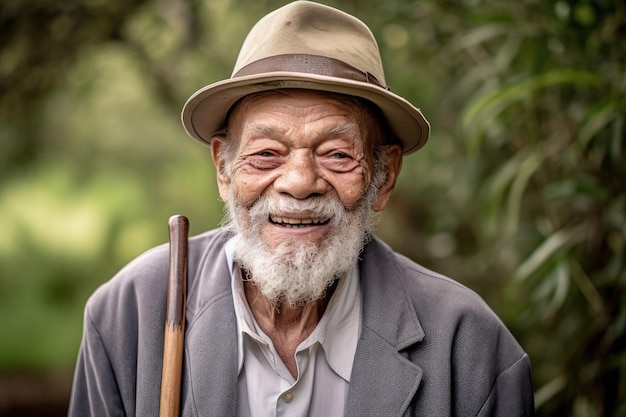A senior man with a walking stick smiling at you created with generative ai