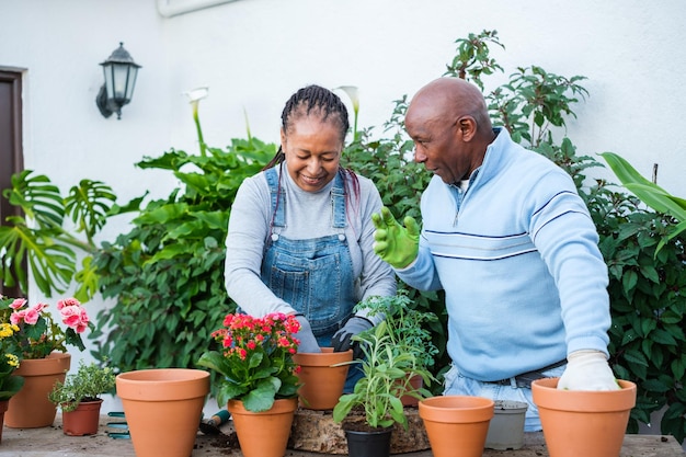 Senior man and woman doing gardening together outdoors so that the plants bloom in season concept gardening crafts flowers