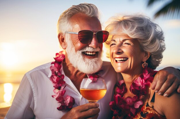 A senior man and woman embracing the thrill of travel on the beach