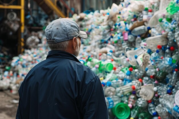 Photo senior man worker at plastic recycling plant looking a big pile of garbage