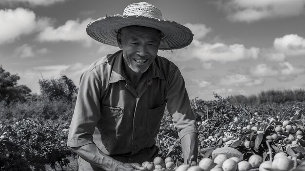 Senior man working in the field with fruits