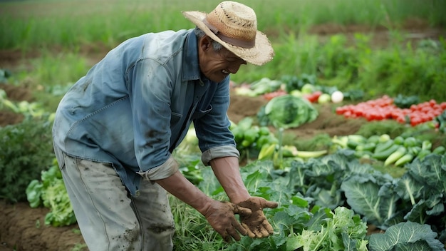 Senior man working in the field with vegetables
