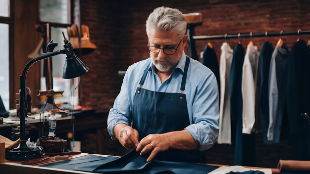 The senior man working in his tailor shop tailoring close up textile vintage industrial