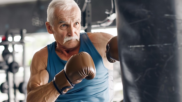 Senior man working out with punching bag at boxing hall Sport training concept