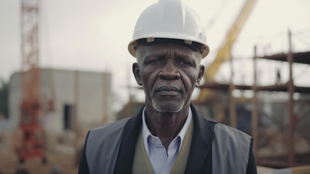 Senior mannelijke Afrikaanse burgerlijk ingenieur met vastberaden gezicht op bouwplaats Generatieve AI AIG21