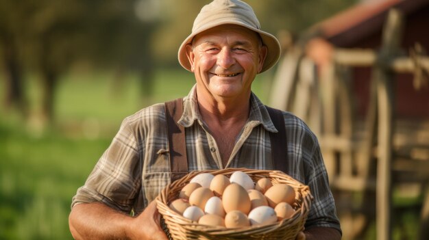 Senior mannelijke boer met een mandje kippen eieren en gelukkig glimlachend op zijn boerderij