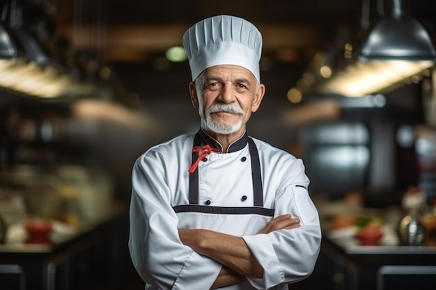 Senior mannelijke kok die in de keuken staat