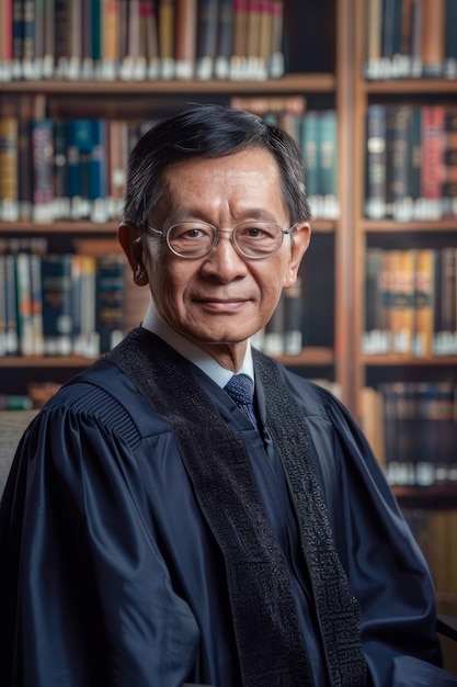 Senior mannelijke rechter in traditioneel gewaad poseert in bibliotheek juridisch beroep en wijsheid concept