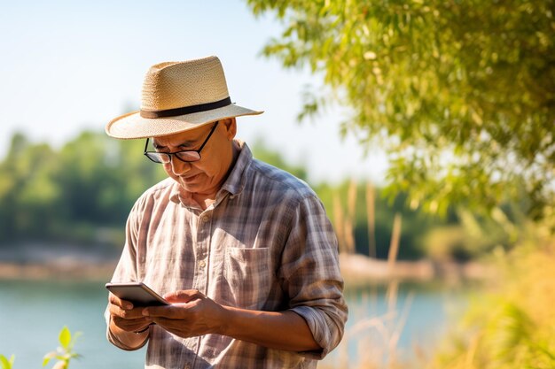 Senior mannelijke toerist die overdag naar de kaart kijkt op de smartphone aan de oever van het meer