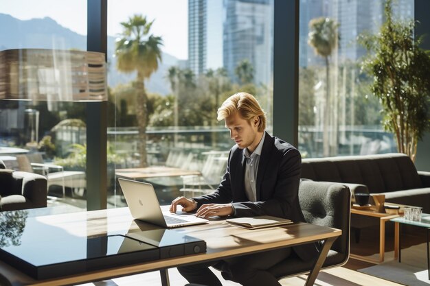 Photo senior mature financier investor working smiling and satisfied with documents mature businessman on paper work with invoices and contracts using laptop inside office