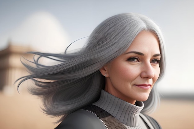 senior mature middle aged older woman with long gray natural coloring vibrant silky Generative AI