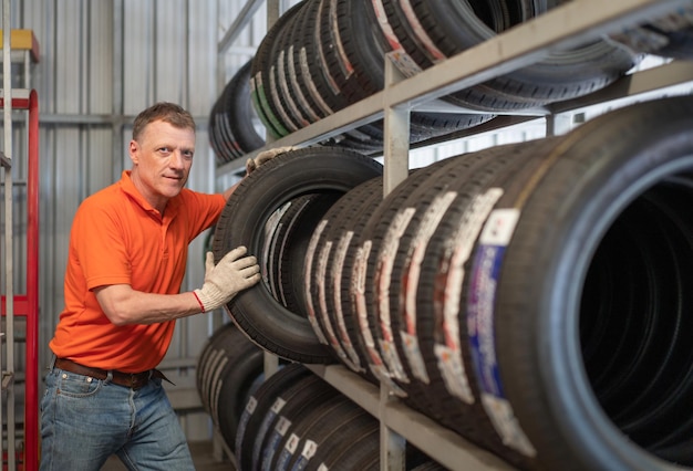 Senior mechanic man in orange shirt choosing tire in tire store at auto service garage