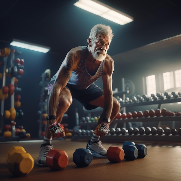 Senior men person exercising with dumbbells in a Gym Ai Generative