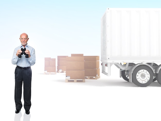 Senior met verrekijker en vrachtwagen achtergrond