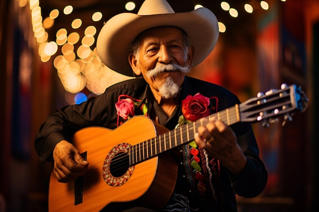 A senior Mexican man in a hat plays the guitar and sings on a city street during Cinco de Mayo