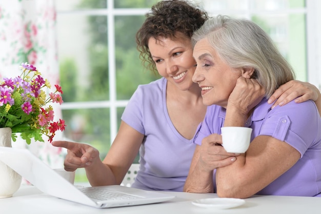 Senior moeder en volwassen dochter werken samen met laptop