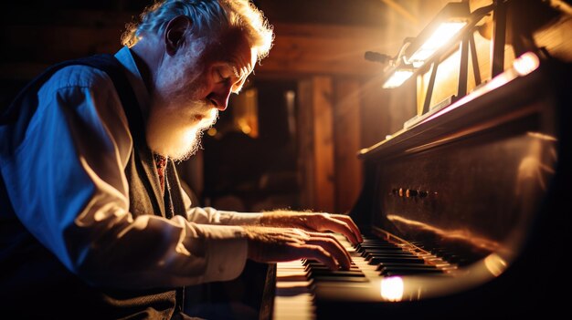 Foto il musicista senior suona il pianoforte.