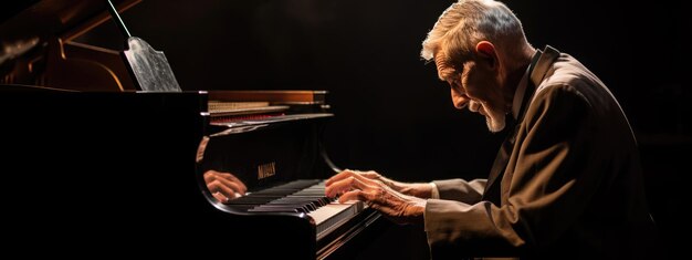 Foto il musicista anziano suona il pianoforte.