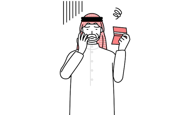 Senior Muslim Man looking at his bankbook and feeling depressed