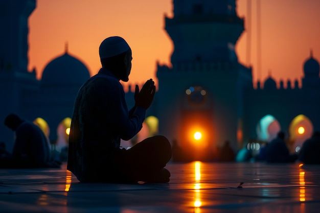 Senior muslim prayer sitting in front of mosque at ramadan night with selective focus neural network