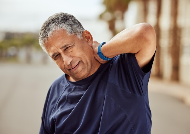 Senior neck pain and sports man with elderly training injury from sports running and exercise Wellness medical and sport performance accident problem from an outdoor run with person in retirement