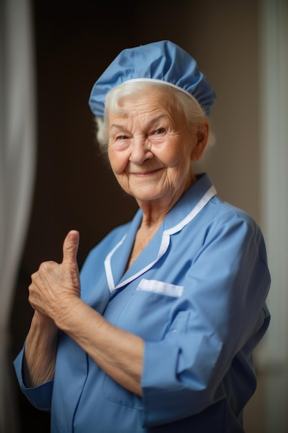 Senior nursing home woman portrait smile and thumbs up in support of care service