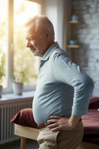 Photo senior old elderly man grandfather touching his back suffering from backpain sciatica sedentary