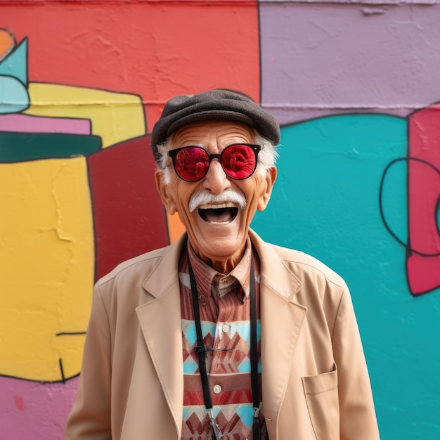 グランジのカラフルな落書きの壁に対してシニアの老人の幸せな表情が生成されました