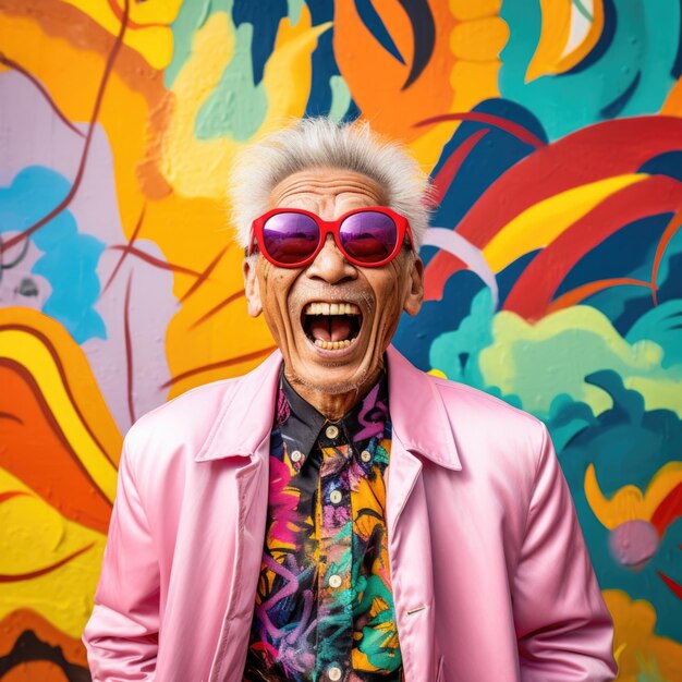 Senior old man happy expression against grunge colorful graffiti wall ai generated