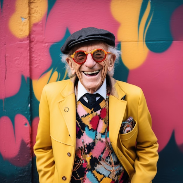 Фото Старший старик счастливое выражение лица на фоне гранж красочной стены граффити, созданной ai
