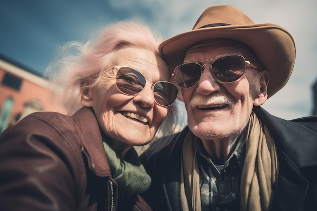 Senior oud stel selfie Vrouwelijke zorg Genereer Ai