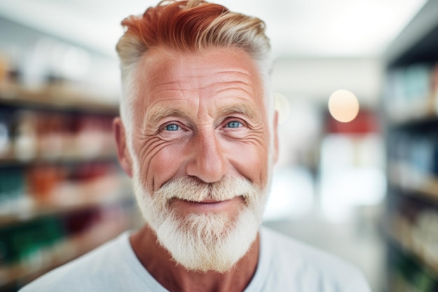 senior oude man gelukkige uitdrukking in een supermarkt ai gegenereerd