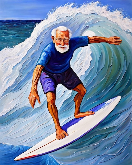 senior oudere man surft op de golvenillustratie