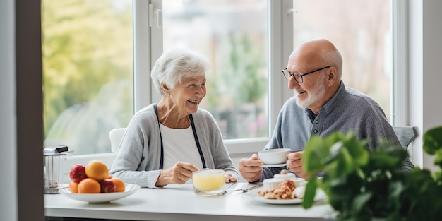 Senior paar ontbijten thuis Ouderen dagelijks leven in de moning