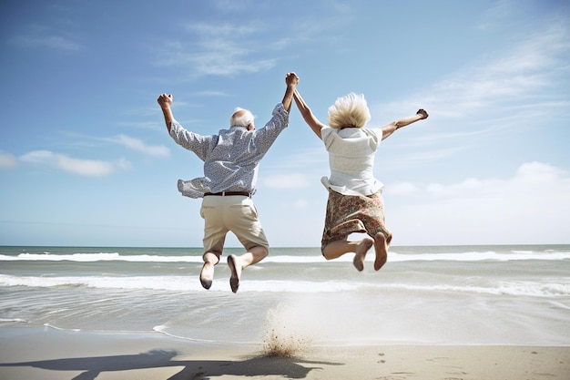 Senior paar springen van vreugde op strandvakantie Generatieve AI