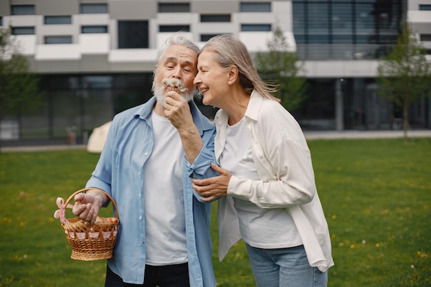 Senior paar staande op een gras in de zomer met stromand en klap paardebloem