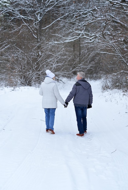 Senior paar wandelen in het bos in de winter