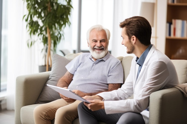 senior patient and doctor discussing something while sitting on sofa at home Support healthcare and nurse with a senior patient AI Generated